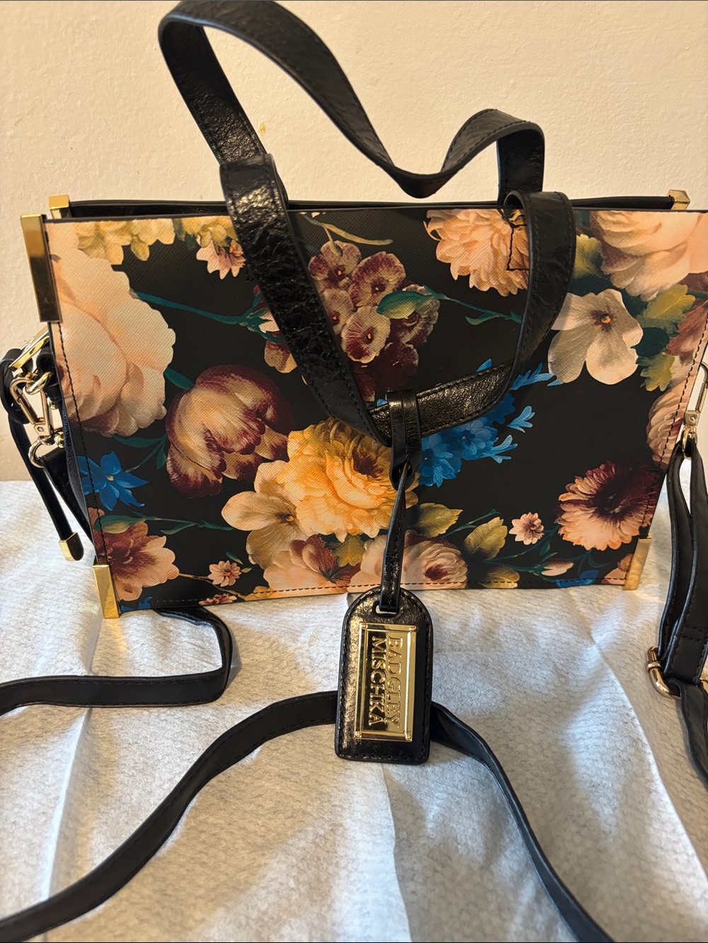 Badgley Mischka Black Floral Satchel with Gold Hardware